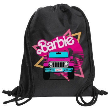 Barbie car, Τσάντα πλάτης πουγκί GYMBAG Μαύρη, με τσέπη (40x48cm) & χονδρά κορδόνια