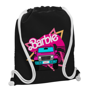 Barbie car, Τσάντα πλάτης πουγκί GYMBAG Μαύρη, με τσέπη (40x48cm) & χονδρά λευκά κορδόνια