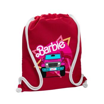 Barbie car, Τσάντα πλάτης πουγκί GYMBAG Κόκκινη, με τσέπη (40x48cm) & χονδρά κορδόνια