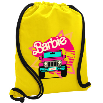 Barbie car, Τσάντα πλάτης πουγκί GYMBAG Κίτρινη, με τσέπη (40x48cm) & χονδρά κορδόνια