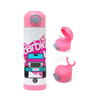 Barbie car, Παιδικό παγούρι θερμό, ανοξείδωτο, με καλαμάκι ασφαλείας, ΡΟΖ (500ml)