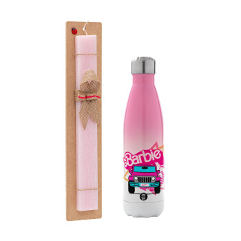 Barbie car, Πασχαλινή Λαμπάδα με Μεταλλικό παγούρι θερμός Ροζ/Λευκό (Stainless steel), διπλού τοιχώματος, 500ml & κερί αρωματικό πλακέ (30cm) (ΡΟΖ)