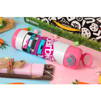 Barbie car, Πασχαλινή Λαμπάδα με Παιδικό παγούρι θερμό, ανοξείδωτο, με καλαμάκι ασφαλείας, ΡΟΖ (500ml)