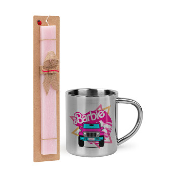 Barbie car, Πασχαλινή Λαμπάδα με μεταλλική κούπα θερμό (300ml) & κερί αρωματικό πλακέ (30cm) (ΡΟΖ)
