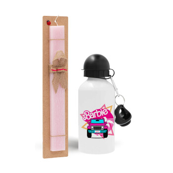 Barbie car, Πασχαλινή Λαμπάδα με παγούρι μεταλλικό αλουμινίου (500ml) & κερί αρωματικό πλακέ (30cm) (ΡΟΖ)