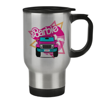 Barbie car, Stainless steel travel mug with lid, double wall 450ml
