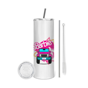 Barbie car, Tumbler ποτήρι θερμό από ανοξείδωτο ατσάλι 600ml, με μεταλλικό καλαμάκι & βούρτσα καθαρισμού