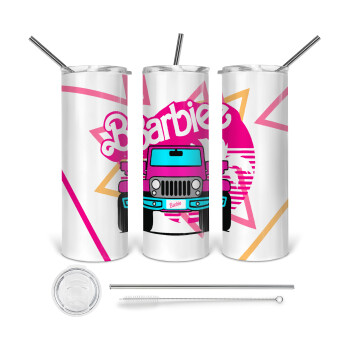 Barbie car, Tumbler ποτήρι θερμό από ανοξείδωτο ατσάλι 600ml, με μεταλλικό καλαμάκι & βούρτσα καθαρισμού