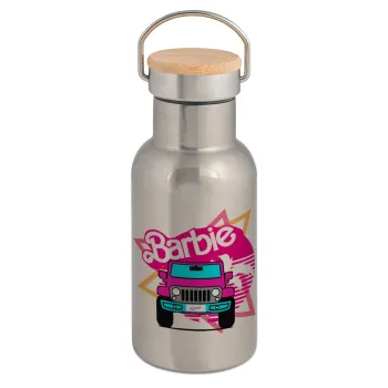 Barbie car, Μεταλλικό παγούρι θερμός (Stainless steel) Ασημένιο με ξύλινο καπακι (bamboo), διπλού τοιχώματος, 350ml
