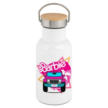 Barbie car, Μεταλλικό παγούρι θερμός (Stainless steel) Λευκό με ξύλινο καπακι (bamboo), διπλού τοιχώματος, 350ml