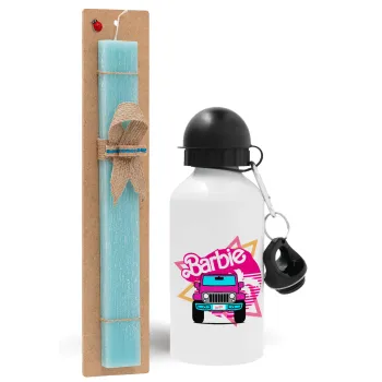 Barbie car, Πασχαλινή Λαμπάδα με παγούρι μεταλλικό αλουμινίου (500ml) & λαμπάδα αρωματική πλακέ (30cm) (ΤΙΡΚΟΥΑΖ)