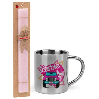 Barbie car, Πασχαλινή Λαμπάδα με μεταλλική κούπα θερμό (300ml) & κερί αρωματικό πλακέ (30cm) (ΡΟΖ)