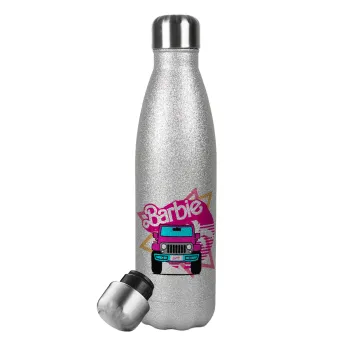 Barbie car, Μεταλλικό παγούρι θερμός Glitter Aσημένιο (Stainless steel), διπλού τοιχώματος, 500ml