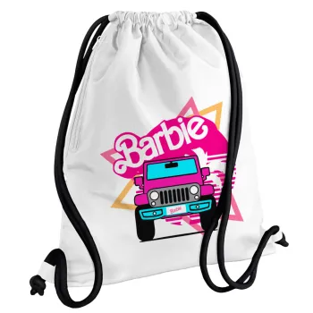 Barbie car, Backpack pouch GYMBAG white, with pocket (40x48cm) & thick cords