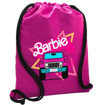 Barbie car, Backpack pouch GYMBAG Fuchsia, with pocket (40x48cm) & thick cords