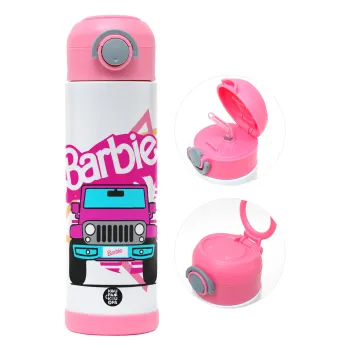 Barbie car, Παιδικό παγούρι θερμό, ανοξείδωτο, με καλαμάκι ασφαλείας, ΡΟΖ (500ml)