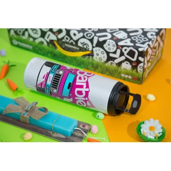 Barbie car, Easter candle,Travel Tumbler 2 Lids, with metal straw & cleaning brush & aromatic flat candle (30cm) (BLUE)