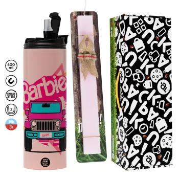 Barbie car, Πασχαλινή Λαμπάδα με  ΡΟΖ Travel Tumbler θερμό (600ml, BPA free) & κερί αρωματικό πλακέ (30cm) (ΡΟΖ)
