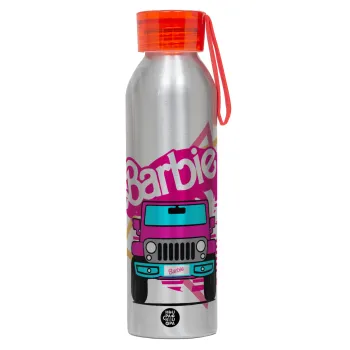 Barbie car, Αλουμινένιο Αθλητικό Μπουκάλι 650ml – Ασημί με Κόκκινο Καπάκι και Λουράκι Σιλικόνης