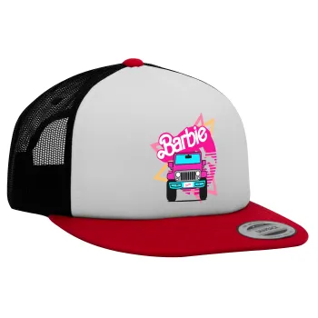 Barbie car, Adult Foam Flat Snapback with Mesh Red-White-Black (POLYESTER, ADULT, UNISEX, ONE SIZE)
