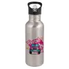 Water bottle Silver with straw, stainless steel 600ml