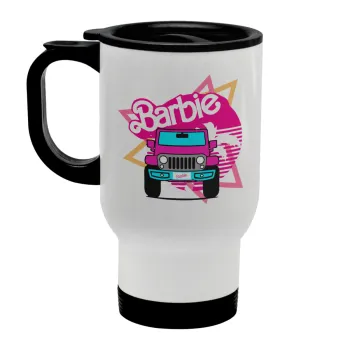 Barbie car, Κούπα ταξιδιού ανοξείδωτη με καπάκι, διπλού τοιχώματος (θερμό) λευκή 450ml