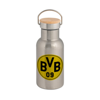 BVB Dortmund, Μεταλλικό παγούρι θερμός (Stainless steel) Ασημένιο με ξύλινο καπακι (bamboo), διπλού τοιχώματος, 350ml