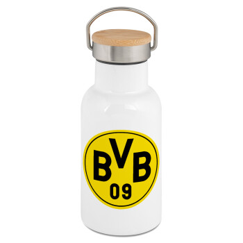 BVB Dortmund, Μεταλλικό παγούρι θερμός (Stainless steel) Λευκό με ξύλινο καπακι (bamboo), διπλού τοιχώματος, 350ml