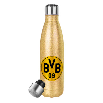 BVB Dortmund, Μεταλλικό παγούρι θερμός Glitter χρυσό (Stainless steel), διπλού τοιχώματος, 500ml