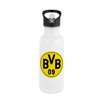BVB Dortmund, White water bottle with straw, stainless steel 600ml