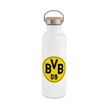 BVB Dortmund, Stainless steel White with wooden lid (bamboo), double wall, 750ml