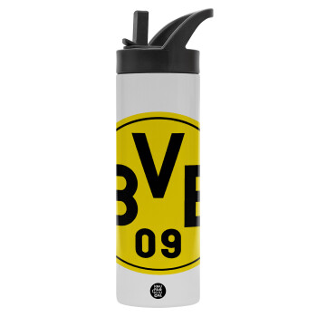 BVB Μπορούσια Ντόρτμουντ , Μεταλλικό παγούρι θερμός με καλαμάκι & χειρολαβή, ανοξείδωτο ατσάλι (Stainless steel 304), διπλού τοιχώματος, 600ml