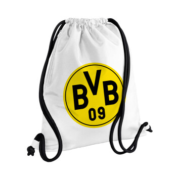 BVB Μπορούσια Ντόρτμουντ , Τσάντα πλάτης πουγκί GYMBAG λευκή, με τσέπη (40x48cm) & χονδρά κορδόνια