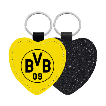 BVB Dortmund, Μπρελόκ PU δερμάτινο glitter καρδιά ΜΑΥΡΟ