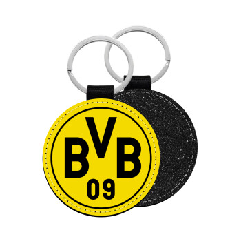 BVB Dortmund, Μπρελόκ Δερματίνη, στρογγυλό ΜΑΥΡΟ (5cm)