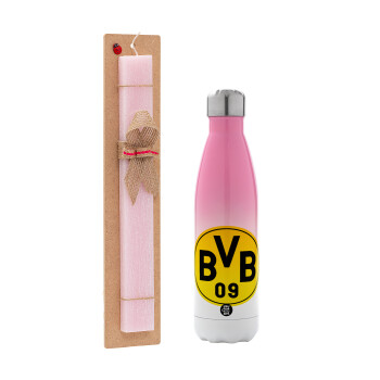 BVB Dortmund, Easter Set, Metallic pink/white (Stainless steel) thermos, double-walled, 500ml & aromatic flat Easter candle (30cm) (PINK)