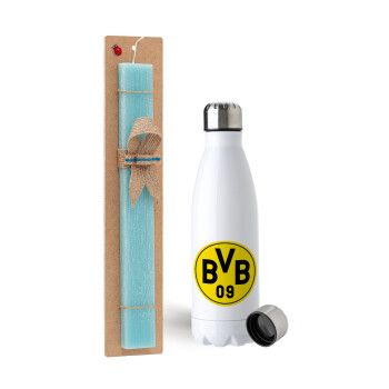 BVB Dortmund, Easter Set, metallic stainless steel water bottle (750ml) & aromatic flat Easter candle (30cm) (TURQUOISE)