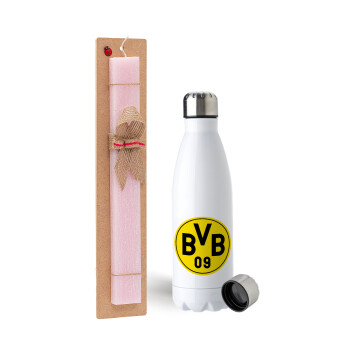 BVB Dortmund, Easter Set, metallic stainless steel water bottle (750ml) & scented flat Easter candle (30cm) (PINK)