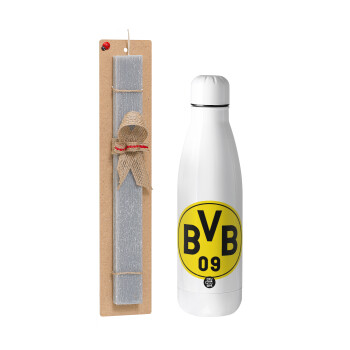 BVB Dortmund, Easter Set, metallic stainless thermos bottle (500ml) & scented flat Easter candle (30cm) (GRAY)