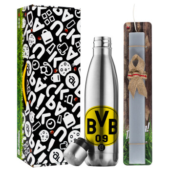 BVB Dortmund, Easter Set, metallic stainless thermos flask (500ml) & scented flat Easter candle (30cm) (GRAY)