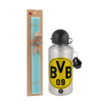 BVB Dortmund, Easter Set, metallic silver aluminum water bottle (500ml) & scented flat Easter candle (30cm) (TURQUOISE)