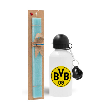 BVB Dortmund, Easter Set, metallic aluminum water bottle (500ml) & scented flat candle (30cm) (TURQUOISE)