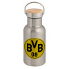 Stainless steel metallic thermos flask, silver with a bamboo lid, double-walled, 350ml.
