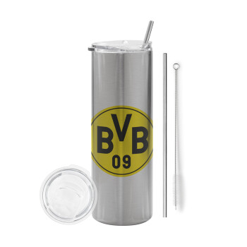 BVB Μπορούσια Ντόρτμουντ , Eco friendly ποτήρι θερμό Ασημένιο (tumbler) από ανοξείδωτο ατσάλι 600ml, με μεταλλικό καλαμάκι & βούρτσα καθαρισμού