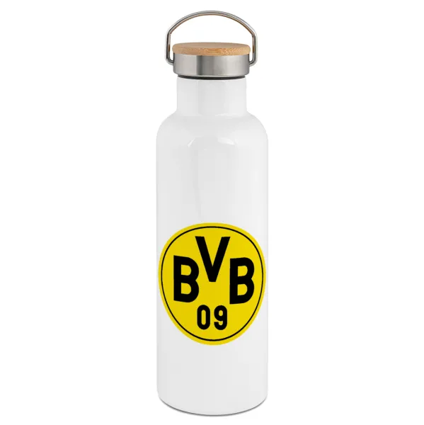 BVB Μπορούσια Ντόρτμουντ — Μεταλλικό παγούρι θερμός (Stainless steel) Λευκό με ξύλινο καπάκι (bamboo), διπλού τοιχώματος, 750ml