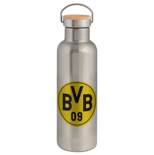 BVB Μπορούσια Ντόρτμουντ — Μεταλλικό παγούρι θερμός (Stainless steel) Ασημένιο με ξύλινο καπακι (bamboo), διπλού τοιχώματος, 750ml