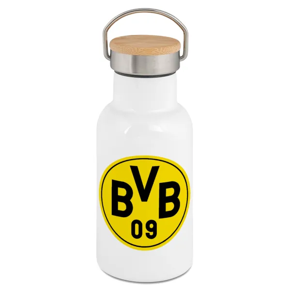 BVB Dortmund — Metallic thermos (Stainless steel) White with wooden lid (bamboo), double-walled, 350ml