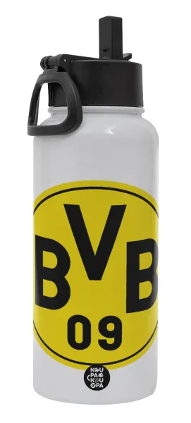BVB Dortmund — Metal mug thermo White with Straw and Spout Lid (Stainless steel), double wall, 950ml