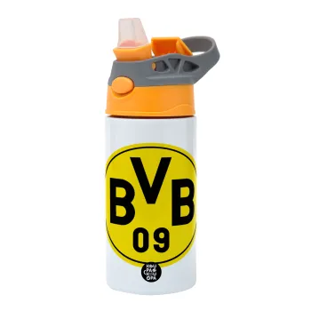 BVB Dortmund, Children's hot water bottle, stainless steel, with safety straw, Orange/Grey (360ml) BPA-FREE