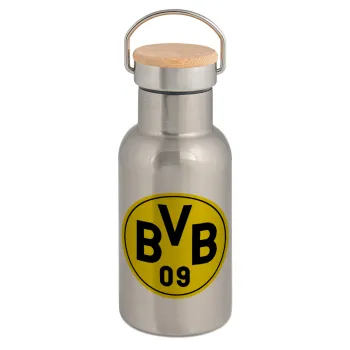 BVB Dortmund, Stainless steel metallic thermos flask, silver with a bamboo lid, double-walled, 350ml.